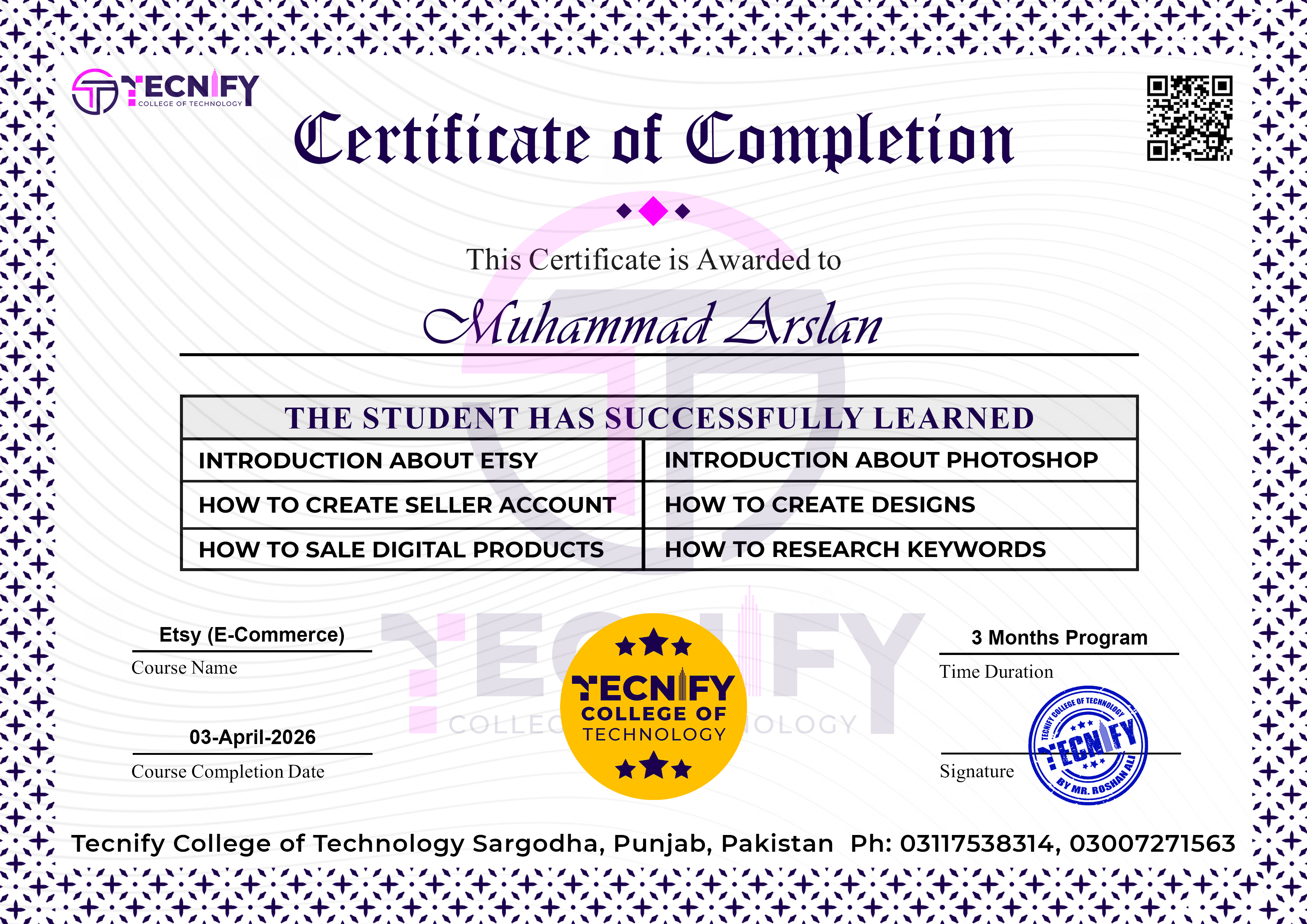 Tecnify College Certificate of Completion
